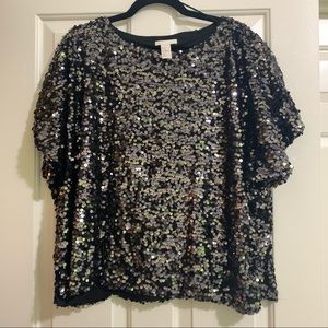 H&M Cropped Sequin Short Sleeve Party Top XL